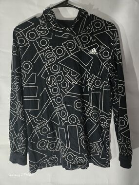 adidas Black Hoodie with White All-Over Logo Print